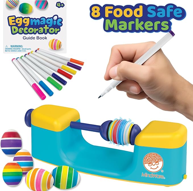 MindWare Eggmagic Decorator Dynamic Easter Egg Coloring Kit with Automatic 360 Egg Spinner and Vibrant Non-Toxic Marker Set (8 ct) for Creative Family Fun Decorating Activity