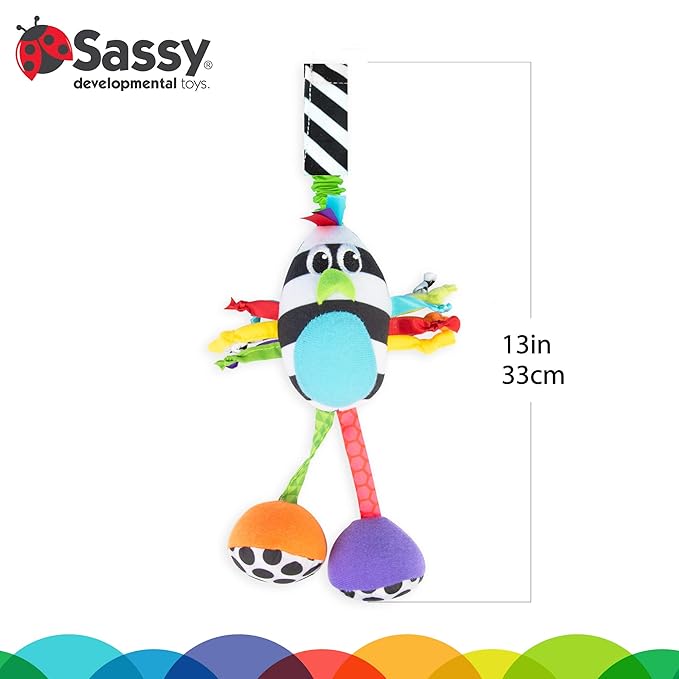 Sassy Boppin’ Birdie | Developmental Plush Toy for Early Learning | High Contrast | Attaches to Baby Gear for Travel | for Ages Newborn and Up (80660)