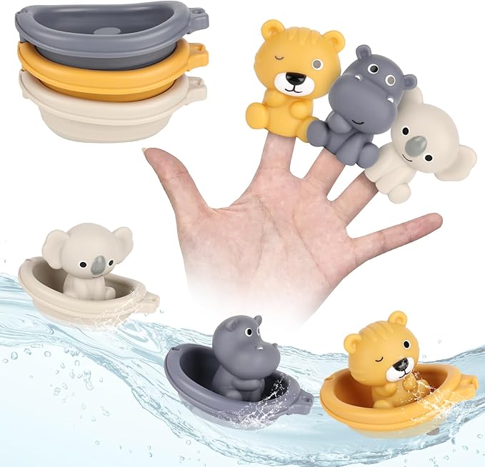 Bath Pool Toys for Toddler, Stacking Toys with 3 Boat 3 Sensory Finger Puppets, Toddler Toys Gifts for 2-4 Year Old Boy Girl, Model B