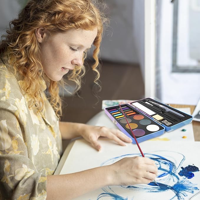 Watercolor Paint Set, 18 Colors Glitter Watercolor Paint Kit (12 Metallic & 6 Chameleon), Portable Travel Set with Water Brush Pen, Pencil, Eraser, Paper - Ideal for Drawing and Art Supplies, Adults, Beginners