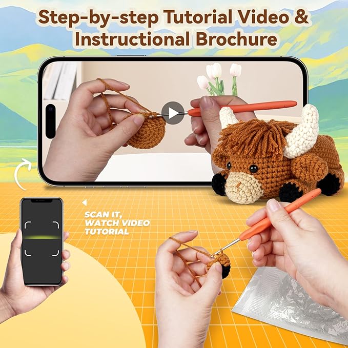 Crochet Kit for Beginners, Learn to Crochet, Include Easy Knitting Soft Yarn, Step-by-Step Video Tutorial, Hook, Holiday Birthday Gift for Adults and Kids(Highland Cow)