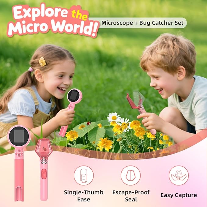 Kids Microscope with Bug Catcher Kit, 1080P Digital Mini Handheld Microscope STEM Science Toy with LED Light, Rechargeable, Portable, Supports 64GB TF Card, Educational Gift for Kids Ages 3-12 (Pink)