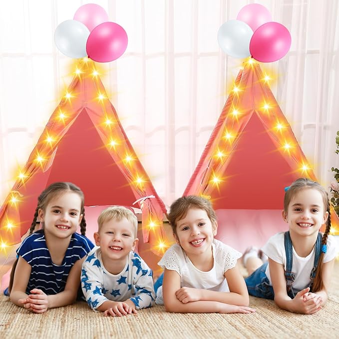 Windyun 6 Pack Kids Teepee Tent for Slumber Party Sleepover Tents for Girls Party with Air Mattress, Star Lights, Blankets Trays Sheets, Natural Cotton Toddler Play Teepee for Indoor Outdoor(Pink)