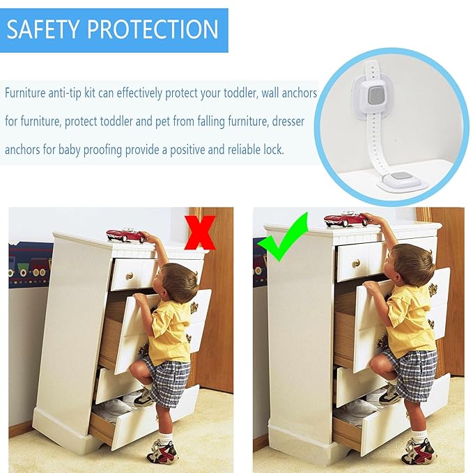 YEYA No Drill Anti Tip Furniture Adjustable Straps Wall Anchors for Baby Proofing with 3M Adhesive (Upgraded 4P)