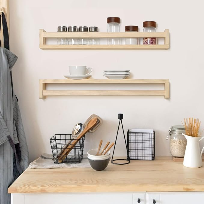 Fun Memories Nursery Book Shelves - Rustic Natural Solid Wood Floating Bookshelf for Kids - Wall Book Shelves for Kids Room (Natural, 32inch - 4P)