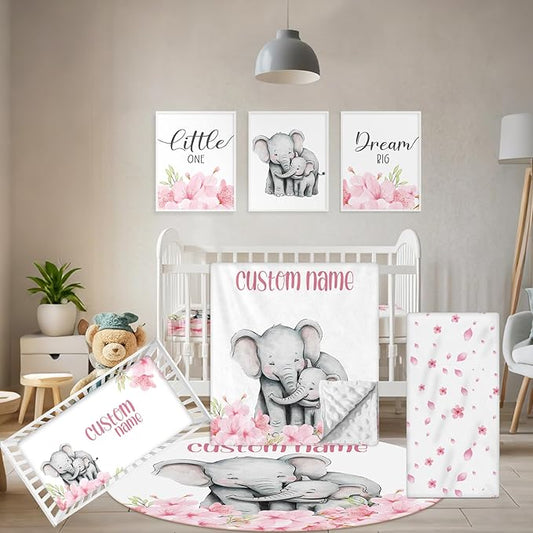 Personalized Crib Bedding Set, 5 Pcs Custom Nursery Bedding Sets with Name, Infant Bedding Set for Baby Girls, Pink Elephant Double Layer Baby Crib Set, Babies Toddlers Kids Customized Gifts