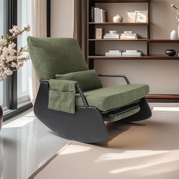 Rocking Chair for Nursery, Modern Upholstered Plush Seating Glider Recliner Chair with High Backrest and Side Pocket, Accent Armchair with Cushions for Living Room/Reading (Blackish Green)