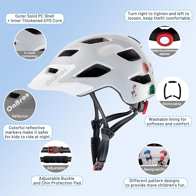 OnBros Kids Bike Helmet - Bike Helmets for 5-14 Boys or Girls with Visor, Children Bicycle Helmet for Skateboard Mountain Scooter Road Cycling, Lightweight and Adjustable 50-57CM