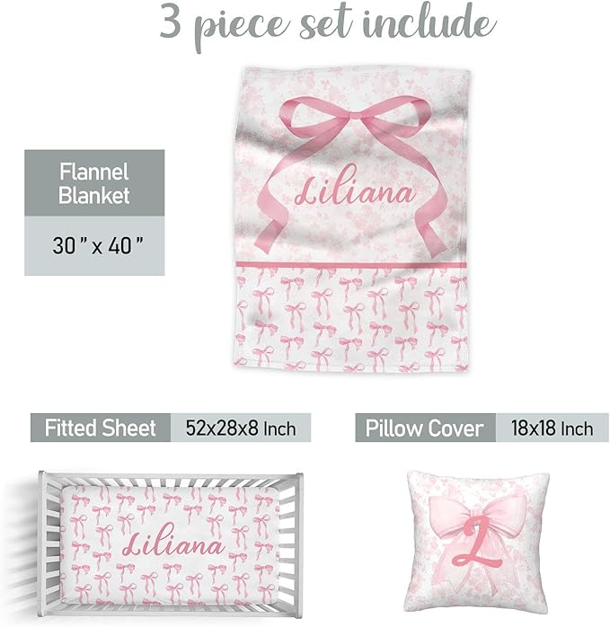 Personalized Baby Girl Crib Bedding Set – Custom Name Pink Bow 3-Piece Nursery Set with Soft Flannel Blanket, Fitted Sheet & Pillowcase – Infant & Toddler Bedding Gift