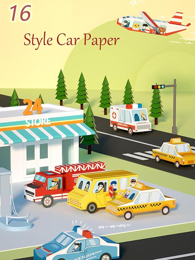 MIREONETRY Origami Paper for Kids Ages 6+,16 Style 3D Car Origami Paper Kit,Easy Origami Kits Art for Beginners Kids Adults,Best Gifts for Boys&Girls (car)