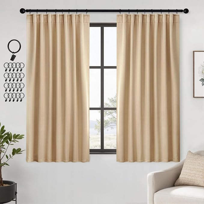 ANRODUO Back Tab Blackout Curtains for Bedroom Living Room, Rod Pocket Pinch Pleated Thermal Insulated Room Darkening Curtains 63 Inches Long 2 Panels, Beige, 42 x 63 Inch