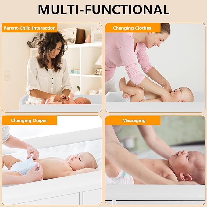 Dresser for Bedroom with 6 Drawers, Changing Table Dresser with Power Outlets, Soft Changing Pad & Removable Top, Baby Dresser with Changing Table Top for Nursery, White