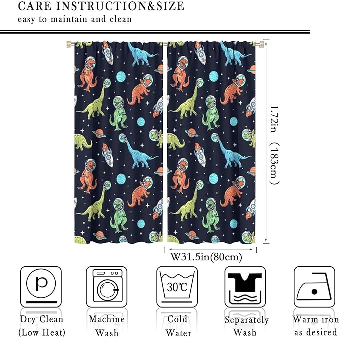 Cartoon Dinosaur Curtains for Kids Boys Girls Home Decor, Astronaut Rocket Funny Outer Space Blackout Rod Pocket Window Drapes for Bedroom Living Room W31.5xL72in 2 Panels