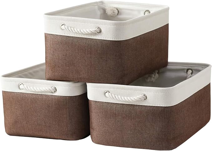 Large Storage Baskets for Shelves, Fabric Baskets for Organizing, Collapsible Storage Bins for Closet, Nursery, Clothes, Home & Office [3-Pack, White&Brown]