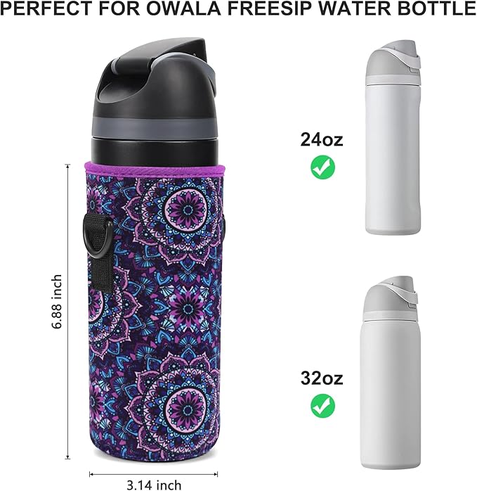 Neoprene Water Bottle Carrier Bag with Adjustable Shoulder Strap for Owala 24 OZ Tumbler, Insulated Water Bottle Cover for Owala FreeSip Insulated Water Bottle (Mandala, 24 OZ)