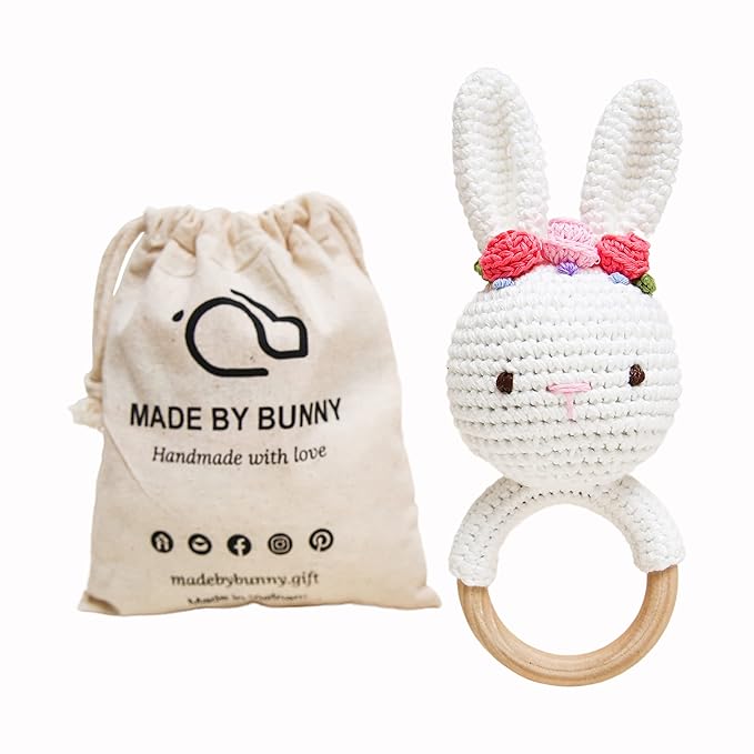 Bunny White Bunny rattles Toy for Young Children, Handmade Woolen Toy with Strict Quality Testing Process, Usable as House Decoration (White Bunny Rattles)