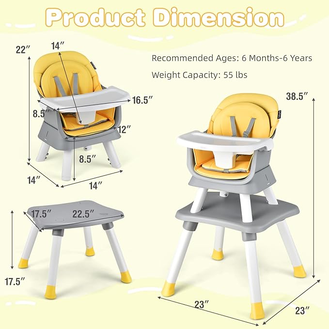 HONEY JOY 8 in 1 Baby High Chair, Convertible Highchair for Babies and Toddlers/Table and Chair Set/Building Block Table/Booster Seat/Stool/Toddler Chair with Safety Harness(Yellow)
