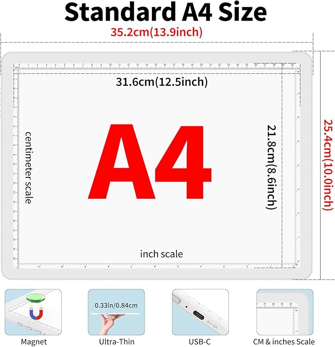 Phylosal Magnetic A4 Light Pad with Bag, Super Bright Light Box with Side Button, Diamond Art Light Board, Lightbox for Tracing and Drawing, USB Power Light Table for Sketching, Weeding Vinyl (White)