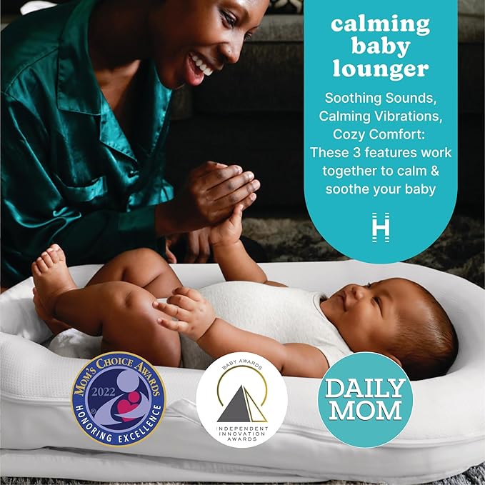 MyBaby 3-in-1 Calming Baby Cushion, Soothing Comfort for Newborns & Infants, Snuggling Sensation, Sound and Vibration, Designed for Safety, Rechargeable & Machine-Washable, by Homedics, White