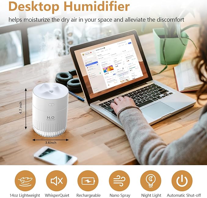 Portable Mini Humidifiers For bedroom baby, 350ml Small Cool Mist Humidifier USB Rechargeable Humidifier For plants, Travel Office Home, Auto Shut-Off,2 Mist Modes Super Quiet,With Night Light