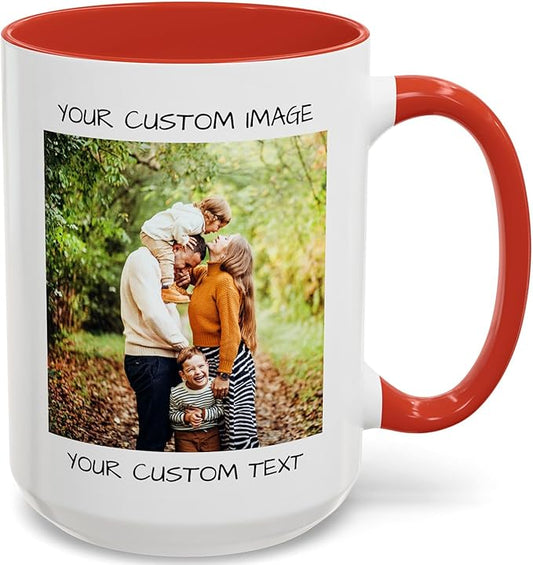 Personalized Coffee Mug – Custom Photo, Text, or Logo Ceramic Mug Tea Cup | Taza Personalizada with Picture or Message | Customized Gift Idea for Men & Women, Mom, Dad, Friends - White/Red | 15oz