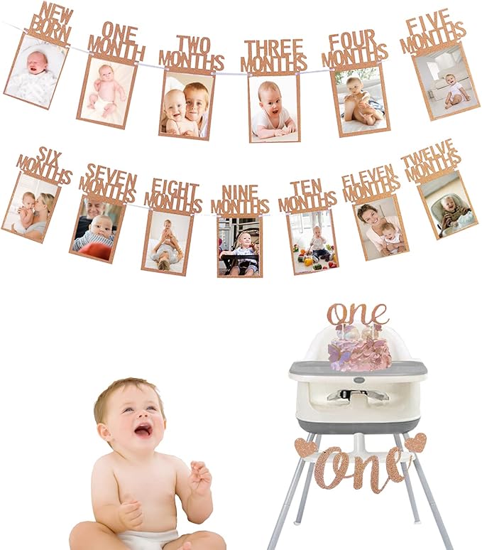 Monthly Photo Banner First Birthday Photo Banner for Newborn to 12 Months First Birth Decorations with Birthday Cake Topper & High Chair Banner