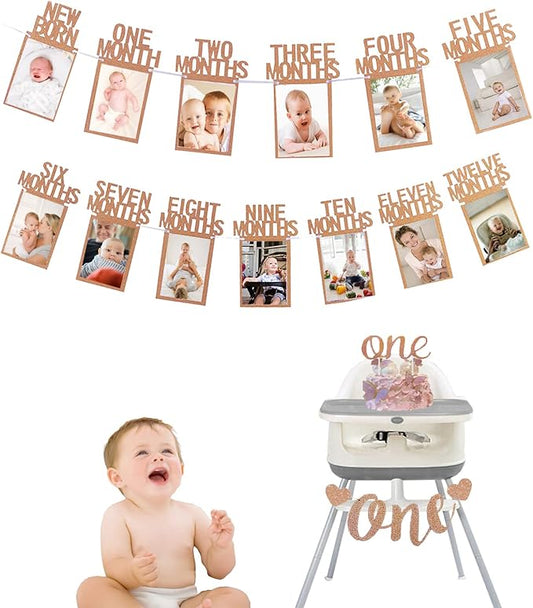 Monthly Photo Banner First Birthday Photo Banner for Newborn to 12 Months First Birth Decorations with Birthday Cake Topper & High Chair Banner