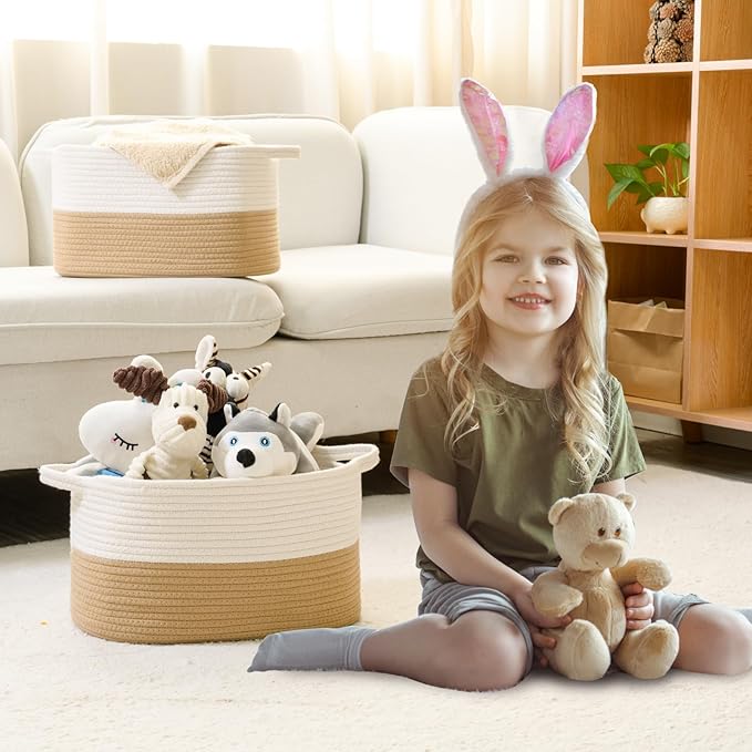 Cotton Rope Woven Storage Basket, Used for Baby Hamper Toy Organizer, Gift Baskets Empty,Kids Laundry Basket,Baby Blanket Storage. Size 15x10x8.7 Inches. (White&Khaki-3PCS)