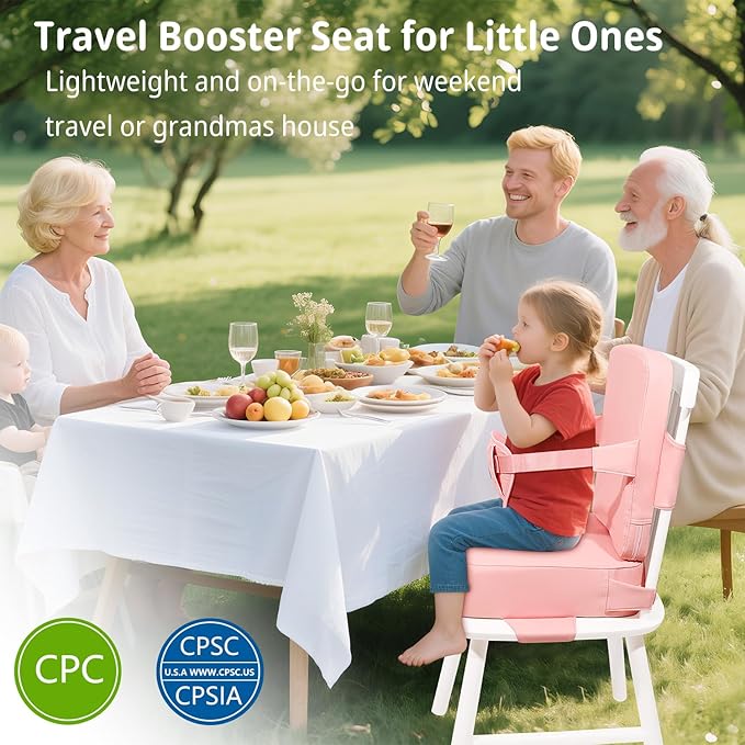 Toddler Booster Seat for Kitchen Chair, 2-in-1 Dining Table Booster Seat with Backrest & Adjustable Straps – Easy-Clean, PU Portable Toddler Eating Travel Increasing Cushion - Pink