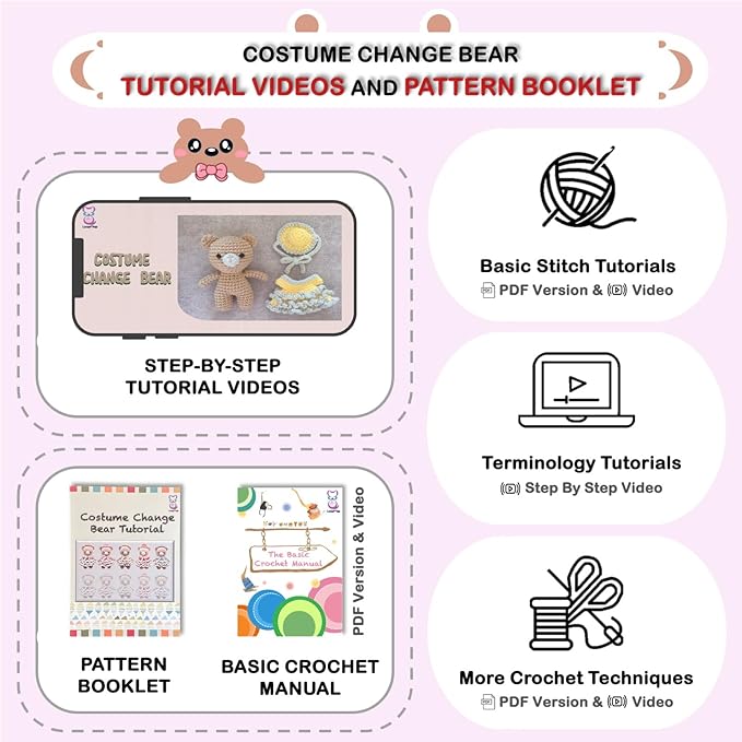 LoopMap Crochet Kit for Beginners - DIY Amigurumi Bear with Removable Dress & Accessories - Step-by-Step Video Tutorials, Extra Yarn, Crochet Tools, Handmade Gift for Kids & Adults (Bear K02, Pink)