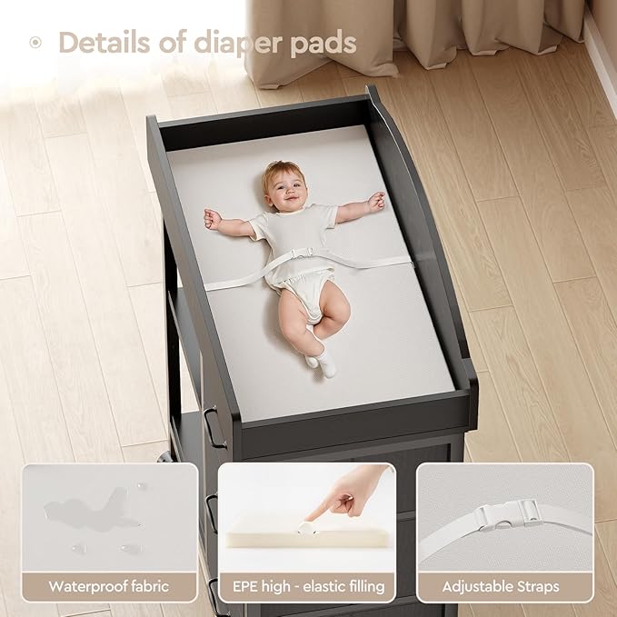 Changing Table Dresser, Baby Dresser with 3 Fabric Drawers and 2 Shelves, Multi-Functional Baby Changing Table with Pad, Classic Nursery Dresser, Diaper Changing Station for Nursery, Black