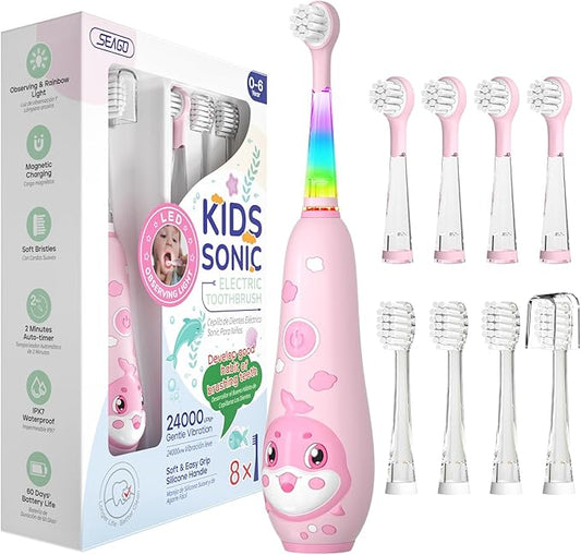 SEAGO Kids Electric Toothbrushes Rechargeable, Toddler Electric Toothbrush with Magnetic Charging, LED Observing Light, 8 Toothbrush Heads for Ages 2-4-6 Boys Girls (Pink)
