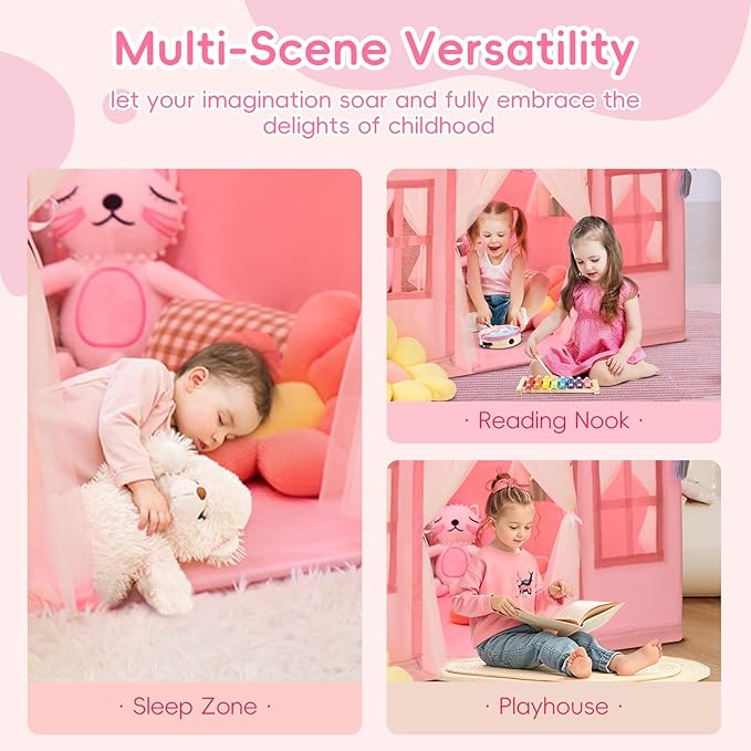 Large Kids Tent Playhouse Basic Mat with Star Lights, Flags and Tote Bags, Play Tent Indoor & Outdoor, Washable Teepee Tent for Boys & Girls, Kids Play House for Toddler（Pink）