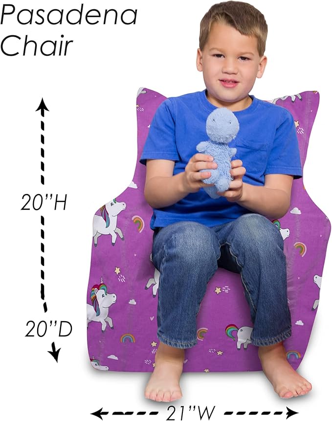 Posh Creations Bean Bag Chair Structured Seat for Toddlers and Kids, Comfy Chair for Gaming, Reading, and Watching TV for Children, Pasadena Chair, Canvas - Unicorn Rainbows on Purple