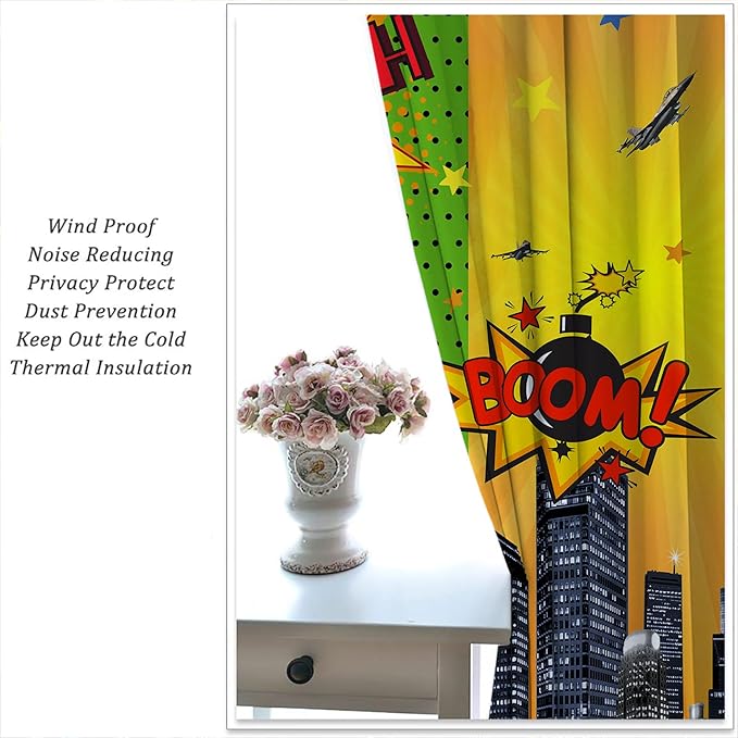 Superhero Rod Pocket Blackout Curtains for Boy Girl Bedroom, City War Explosion Comics Art Home Energy Efficient Light Filtering Window Curtain for Living Room, 42x63 inch