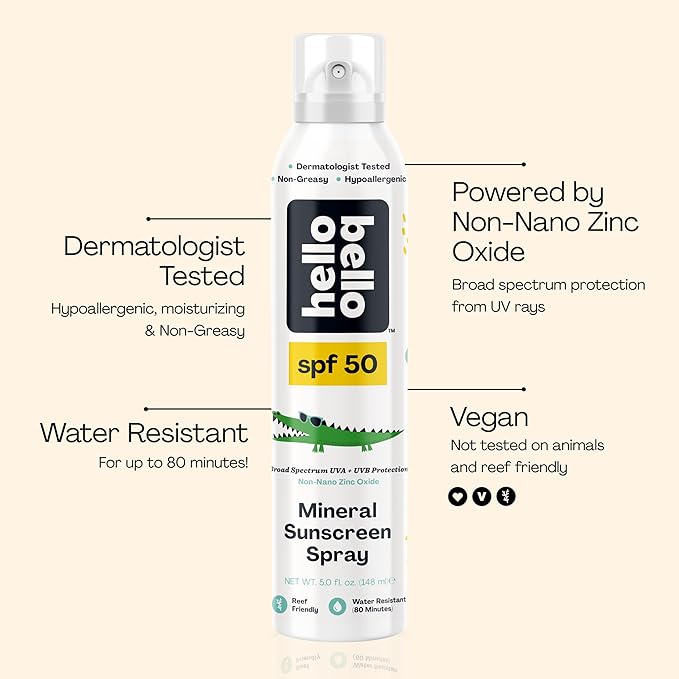 Hello Bello SPF 50 Mineral Sunscreen Spray - Hypoallergenic Broad Spectrum UVA + UVB Protection - Reef Friendly & Water Resistant - 5 oz (Pack of 2)