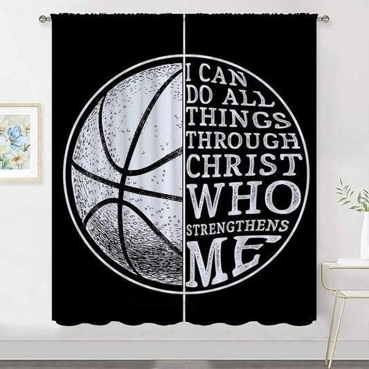 Basketball Blackout Curtains for Boy Girl Room Darkening Decor,Sport Theme and White Motto Dark Background Bedroom Living Room Home Rod Pocket Thermal Insulated Window Curtain/Drapes Panel,72x63 Inch…
