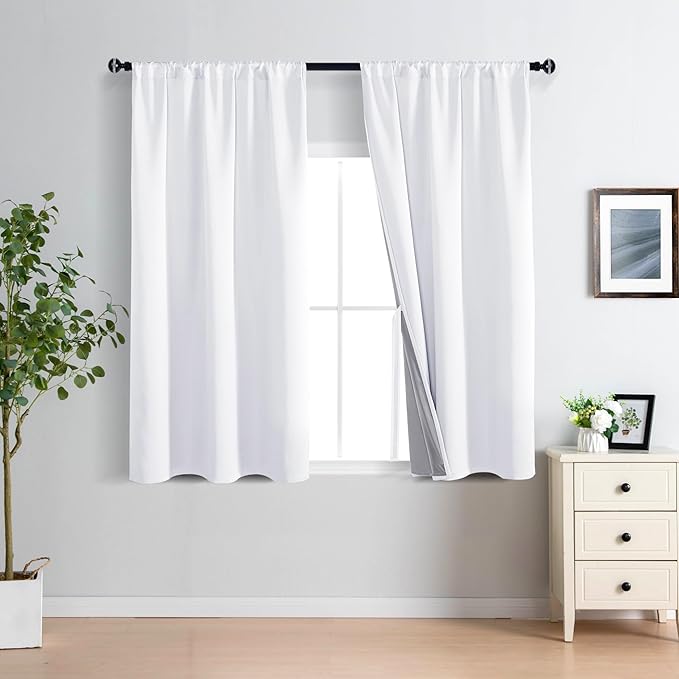 XWZO 100% Blackout Curtains 54 Inches Length with Tiebacks- Rod Pocket Full Shade Window Drapes Thermal Insulated Double Layer with Black Liner for Bedroom/Living Room, White, W42 x L54, Set of 2