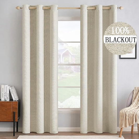 MIULEE 100% Blackout Linen Textured Curtains for Bedroom Solid Thermal Insulated Cream Grommet Room Darkening Curtains & Drapes Luxury Decor for Living Room Nursery 42 x 90 Inch (2 Panels)