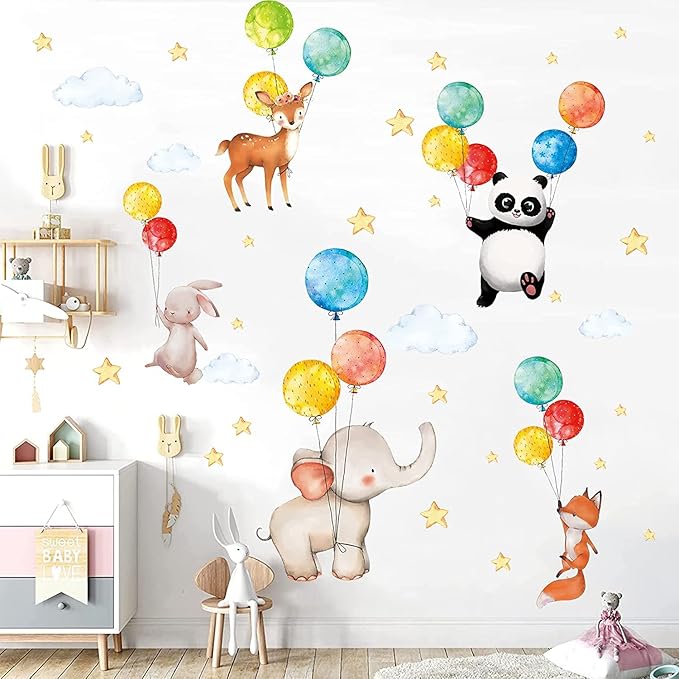 TOARTi Cartoon Animals Wall Stickers, Colorful Balloon Wall Decals, Watercolour Stickers for Baby Room, Adorable Animals Panda Elephant Fox Rabbit Stickers for Kids Bedroom Nursery Wall Decoration