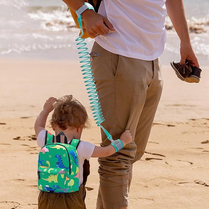 Accmor Toddler Backpack Leash with Anti Lost Wrist Link, Cute Mini Child Walking Harnesses Keep Kids Close Back Pack Rope Tether Rein for Baby Boys (Green/Dino)