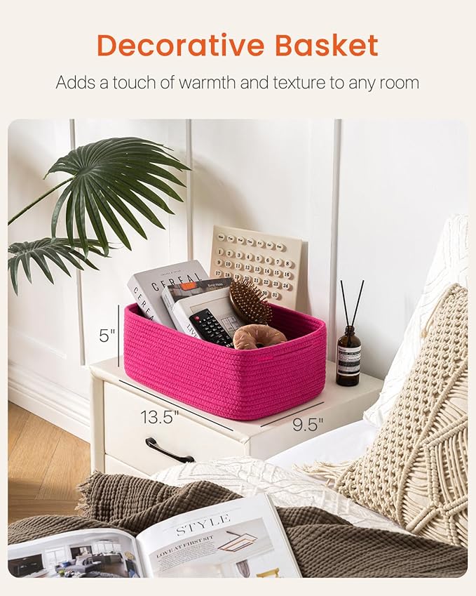 KALLAX Small Woven Basket, 13.5 x 9.5 x 5 Inches, Storage Basket for Organizing, Cute Small Rope Shelf Closet Cube Storage Bins Baskets for Shelves, Dog Toy Gift Baskets Empty, 3 Packs, Hot Pink
