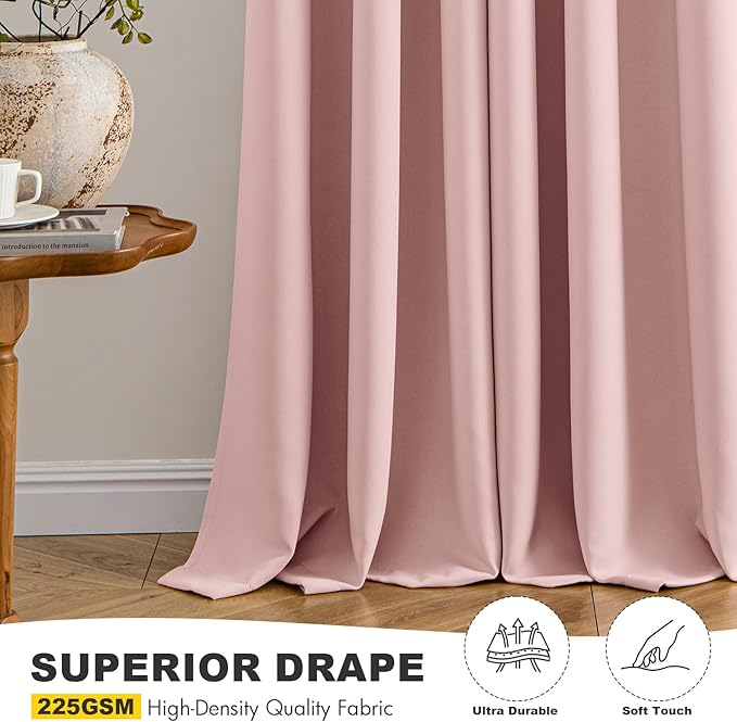 MIULEE Baby Pink Blackout Curtains for Nursery Bedroom 96 Inches Long 2 Panels, Thermal Insulated Room Darkening Drapes Solid Grommet Top Noise Reducing Living Room Window Treatments 40x96 Inch