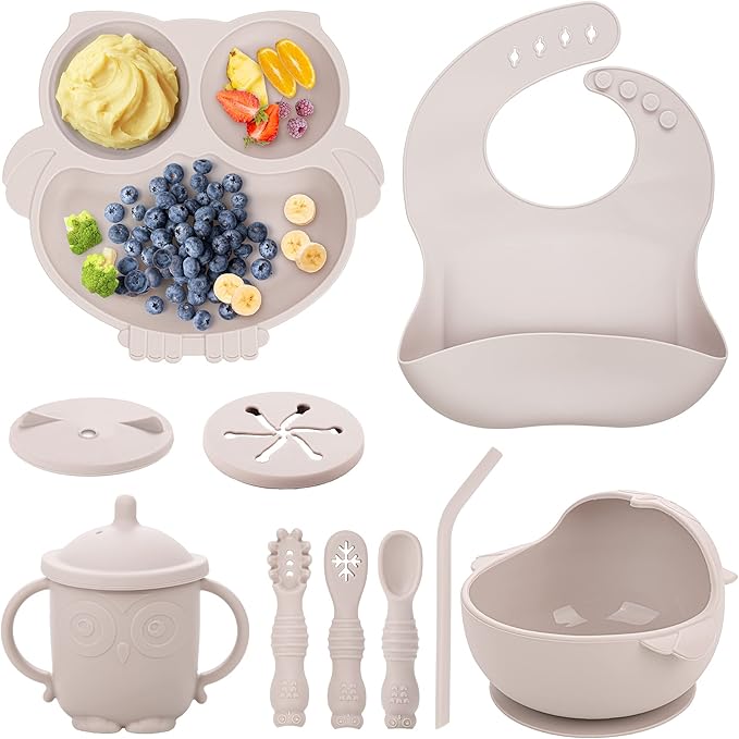 Baby Weaning Set - Silicone Toddler Feeding Set (10 Pcs) with Adjustable Bib, Suction Bowl, Plate, Fork, Spoon, Water & Snack Cup Kit - Baby Led Weaning Kit