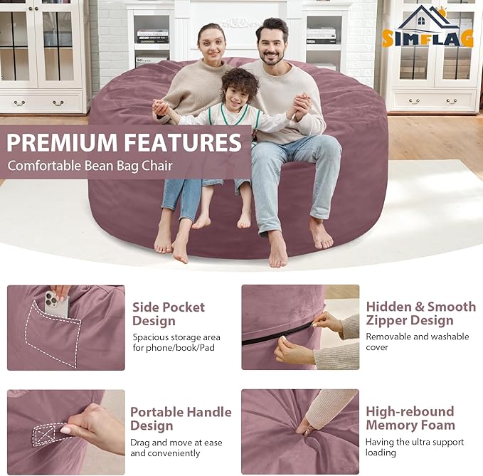 5FT Bean Bag Chair, Large Bean Bag Chairs with Memory Foam Filled, Fluffy Beanbag Sofa with Dutch Velvet Cover, Round BeanBag Chairs for Living Room, Playroom - Dusty Pink