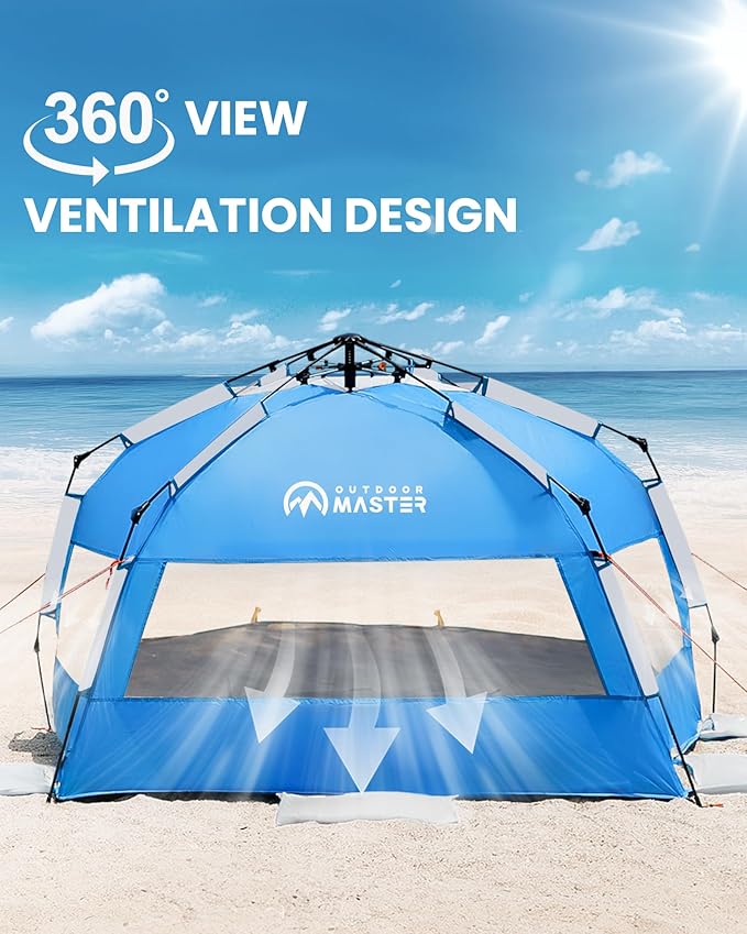 OutdoorMaster Beach Tent with Blackout Shelter Technology, Portable Beach Shade Sun Shelter Canopy for 4-6 Person with UPF 50+ UV Protection, Easy Setup Pop Up Tent Family Size