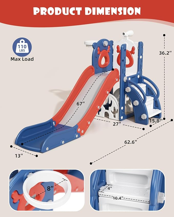 XJD 7 in 1 Toddler Slide, Kids Indoor Slide for Toddlers 12-36 Months, New Upgrade with Golf, Basketball Hoop for Indoor Outdoor Playset,Toddler Playground (Blue Red)