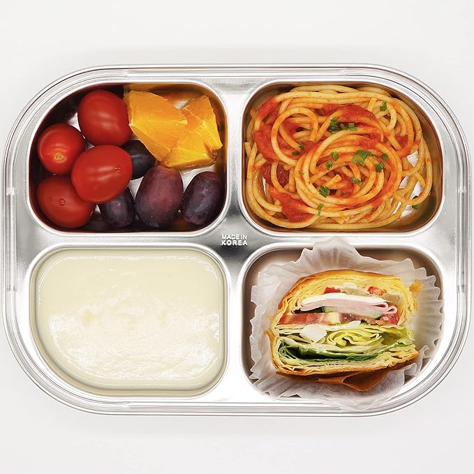 Korean Stainless Steel Divided Plates by KS&E, Little Kids Toddlers Babies Tray, BPA Free, Diet Food Control, Compact Serving Platter, Dinner Snack, 4 Compartment Plate Silver, Set of 2
