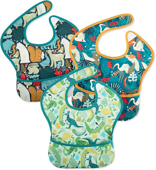 Mess Proof Baby Bib 3 Pack, Waterproof Led Weaning Baby Feeding Bibs with Food Catcher, Travel Feeding Bibs