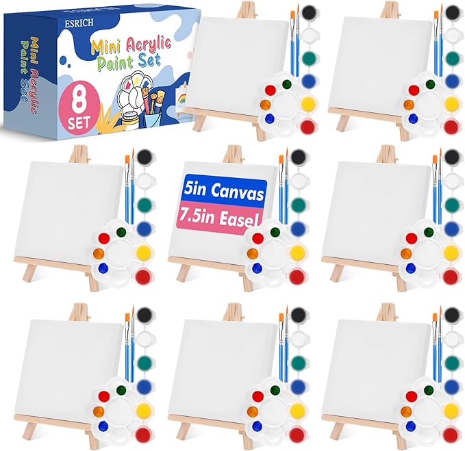 ESRICH 8 Set Mini Acrylic Paint Kit,5in Mini Stretched Canvas with 7.5in Easel,Acrylic Paint Strips,Paint Palettes,Painting Brushes, Small Canvas and Easel Set for Kids Artists Beginner,Gift